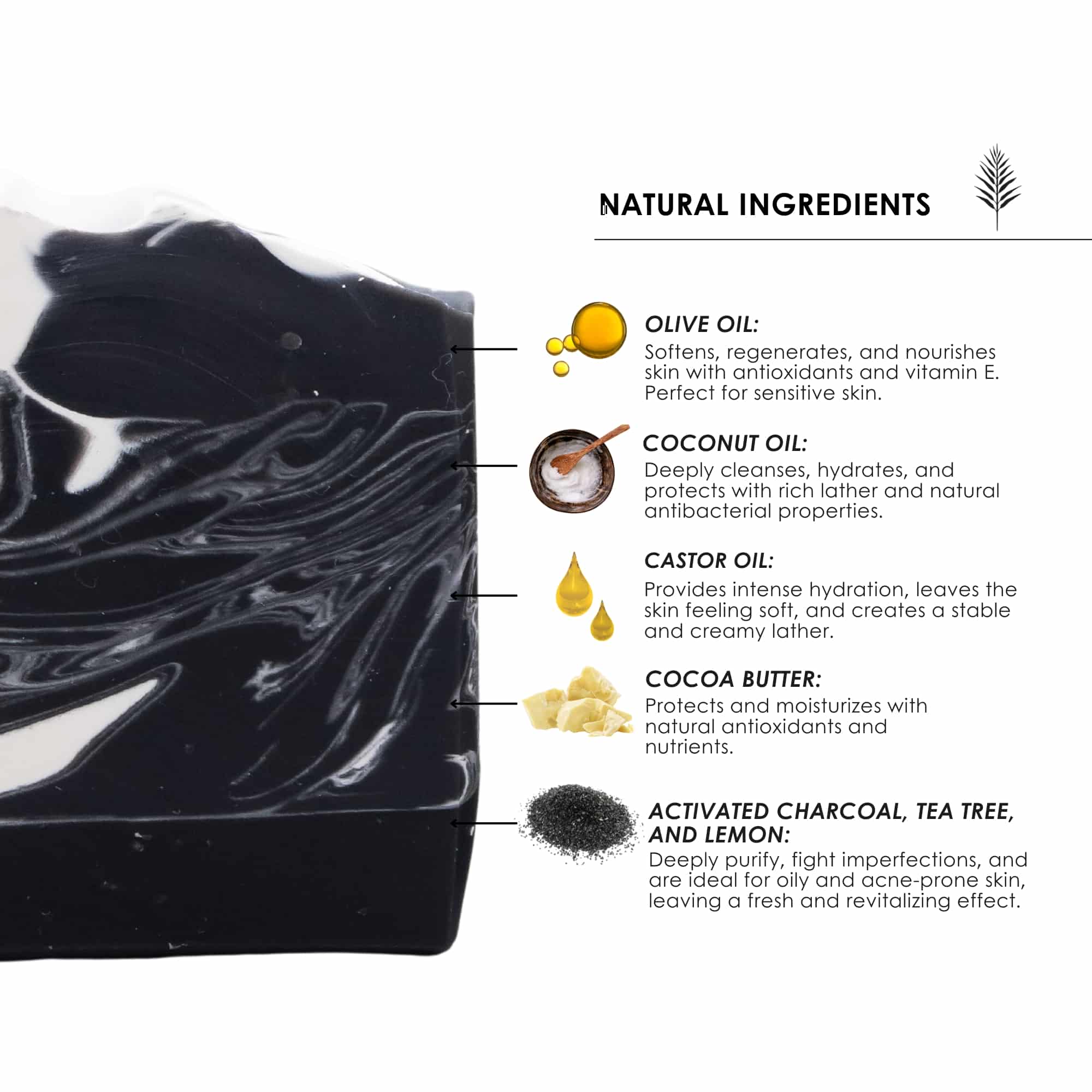 artisanal soap with activated charcoal, tea tree, and lemon. deep cleansing that purifies and revitalizes the skin.