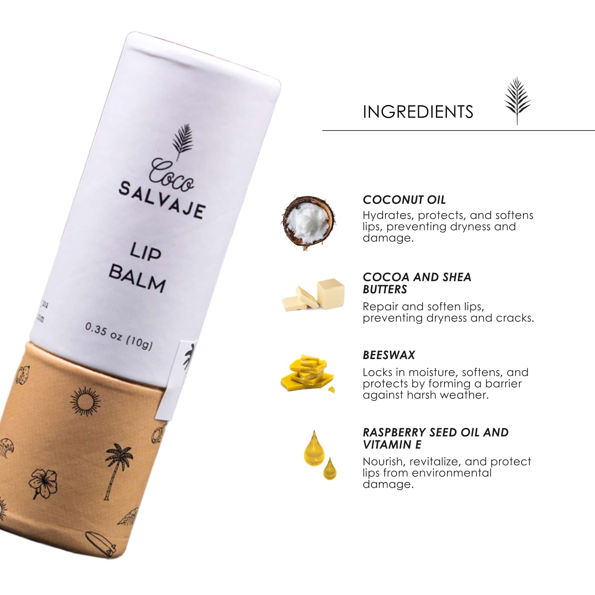 coco salvaje natural lip balm. deep hydration, soft scent, and all-day protected lips.