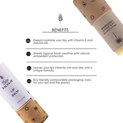 coco salvaje natural lip balm. deep hydration, soft scent, and all-day protected lips.