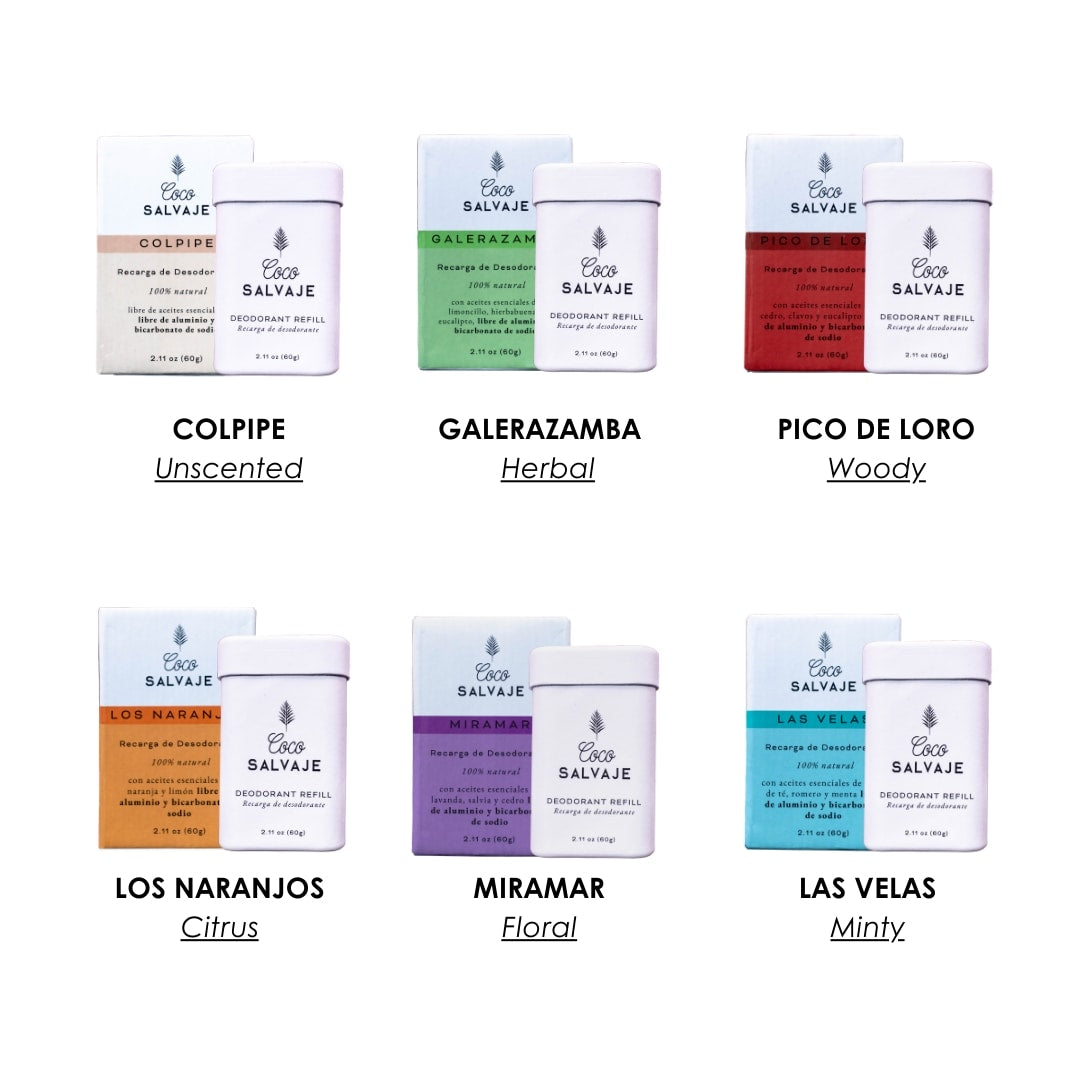 includes all 6 stick deodorants and a metal case. natural protection with style, all in one coco salvaje pack.