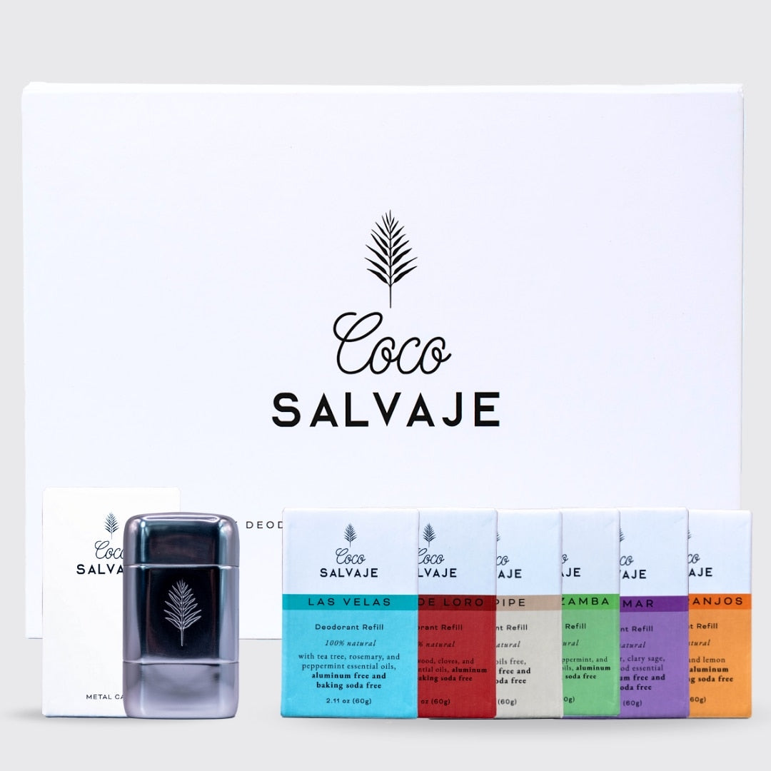 includes all 6 stick deodorants and a metal case. natural protection with style, all in one coco salvaje pack.