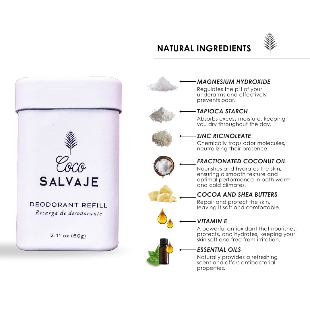 coco salvaje natural stick deodorant. protects, hydrates, and supports your days without toxins or aluminum.