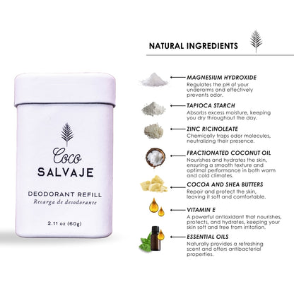 coco salvaje natural stick deodorant. protects, hydrates, and supports your days without toxins or aluminum.